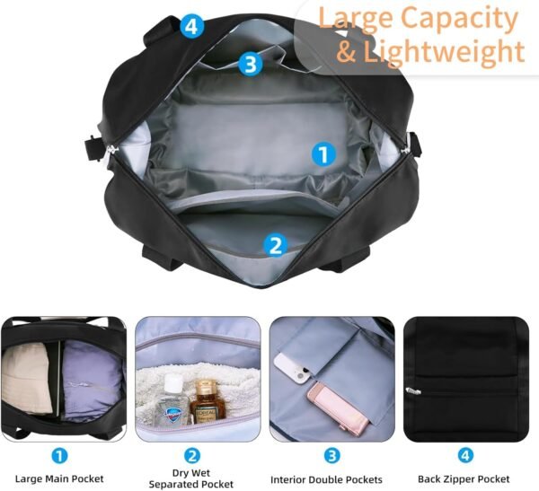 WALNEW Gym Duffel Bag for Women Men, Travel Carry on Weekender Overnight Tote Bags, Lightweight Waterproof Personal Item Bag for Sports, Dance, Workout with Wet Pocket, Black - Image 3
