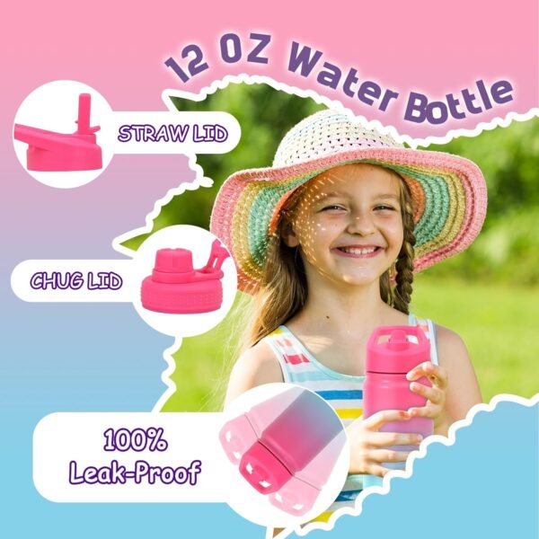 Mininoo Insulated Kids Water Bottle, 12 oz Stainless Steel Water Bottle Kids with Straw Lid and Chug Lid for Girls, Boys (Punch/Green) - Image 2