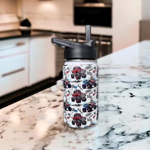 Monster Truck Kids Water Bottle for School with Straw Lid,12oz Stainless Steel Insulated Water Bottle for Boys & Girls,Leak Proof Lid with Handle & Touch Free Spout (A09) - Image 2