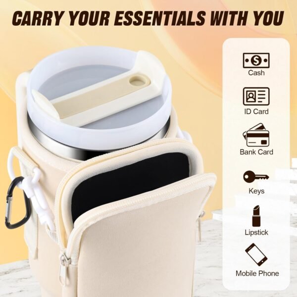 Water Bottle Tumbler Carrier Bag with Phone Pocket for Stanley, 40oz Tumbler Holder Simple with Adjustable Strap Modern Neoprene for Quencher Cup Accessories Travel, Cream White - Image 5