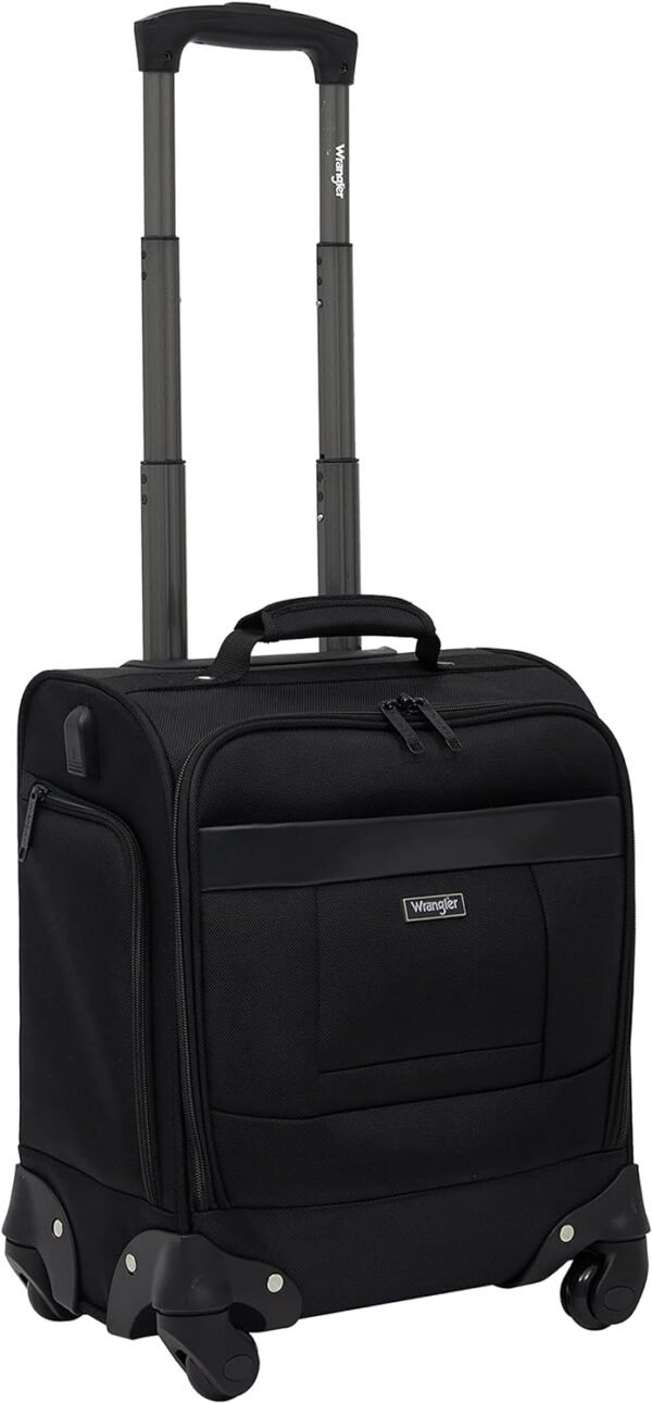Wrangler 4-Wheel Spinner Luggage with Side USB Port, Black, 17-Inch Underseat Carry-On - Image 3