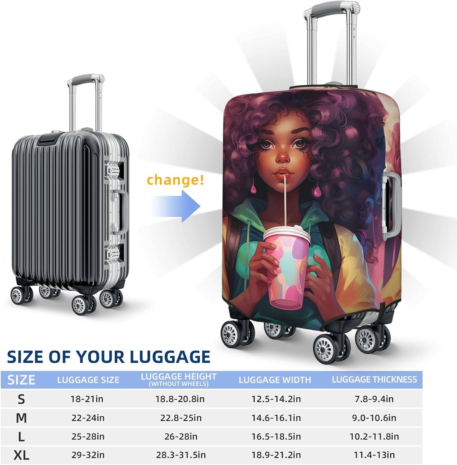 Travel Luggage Cover Suitcase Protector African American Woman Elastic Protective Washable Luggage Cover Anti-Scratch Suitcase Cover For 18-32 Inch -M - Image 6