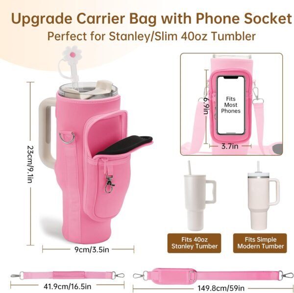 Water Bottle Carrier Bag with Phone Pocket for Stanley 40 oz Tumbler Neoprene Water Bottle Sling Sleeve Holder for Stanley Cup Accessories with 1 Straw Cover & 2 Straws & 1 Brushes (Pink) - Image 2