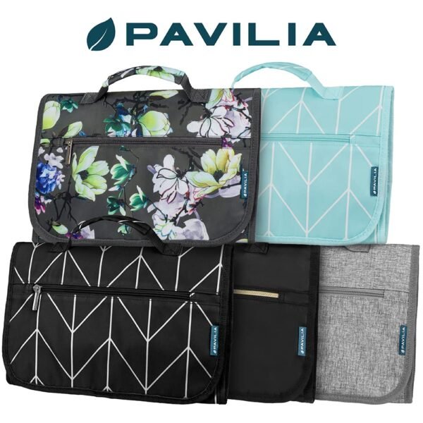 PAVILIA Hanging Toiletry Bag Women Men, Travel Kit Foldable Large Toiletries Organizer, Roll up Cosmetics Makeup Bag Accessories, Waterproof Essentials Jewelry Case (Teal Chevron) - Image 7