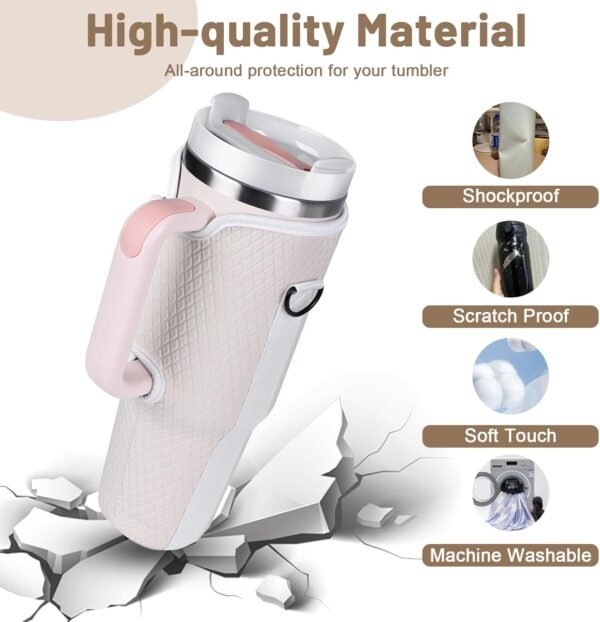 Sunegg Water Bottle Carrier Bag for Stanley 40 oz Tumbler with handle, 3D Embossing Cup holder with Phone Pocket, Strap & Straw Cover, Accessories for Stanley Cup for Outdoor Travel Camping - Image 4