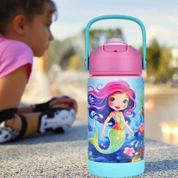 12oz Kids Insulated Water Bottle, Leak-proof Cup With Straws Lids, Kids Water Bottles For School Boys Girls, Stainless Steel Vacuum Insulated Bottle For Kids Children (Mermaid) - Image 6