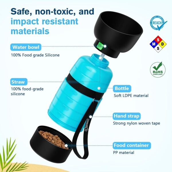 Pecute Dog Water Bottle Portable 22 oz with 5 oz Food Container, Poop Bag Holder, Portable Dog Water Bottle Dispenser, Leakproof, Lightweight, Pet Water Bottle for Dogs Outdoor Travel Walking - Image 4
