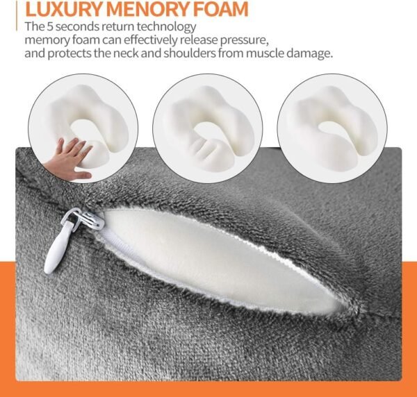 Travel Pillow 100% Memory Foam Pillow, Neck Pillow for Airplane, Neck & Head Support Pillow for Sleeping Rest & Car, Travel Pillows Kit with Storage Bag, Sleep Mask and Earplugs Dark Grey - Image 5