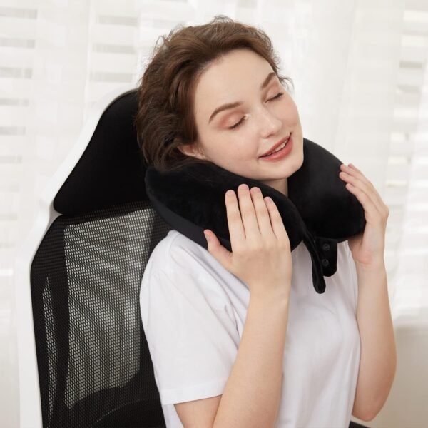 Travel Neck Pillow, Best Memory Foam Airplane Pillow for Head Support Soft Adjustable Pillow for Plane, Car & Home Recliner Use (Black) - Image 3