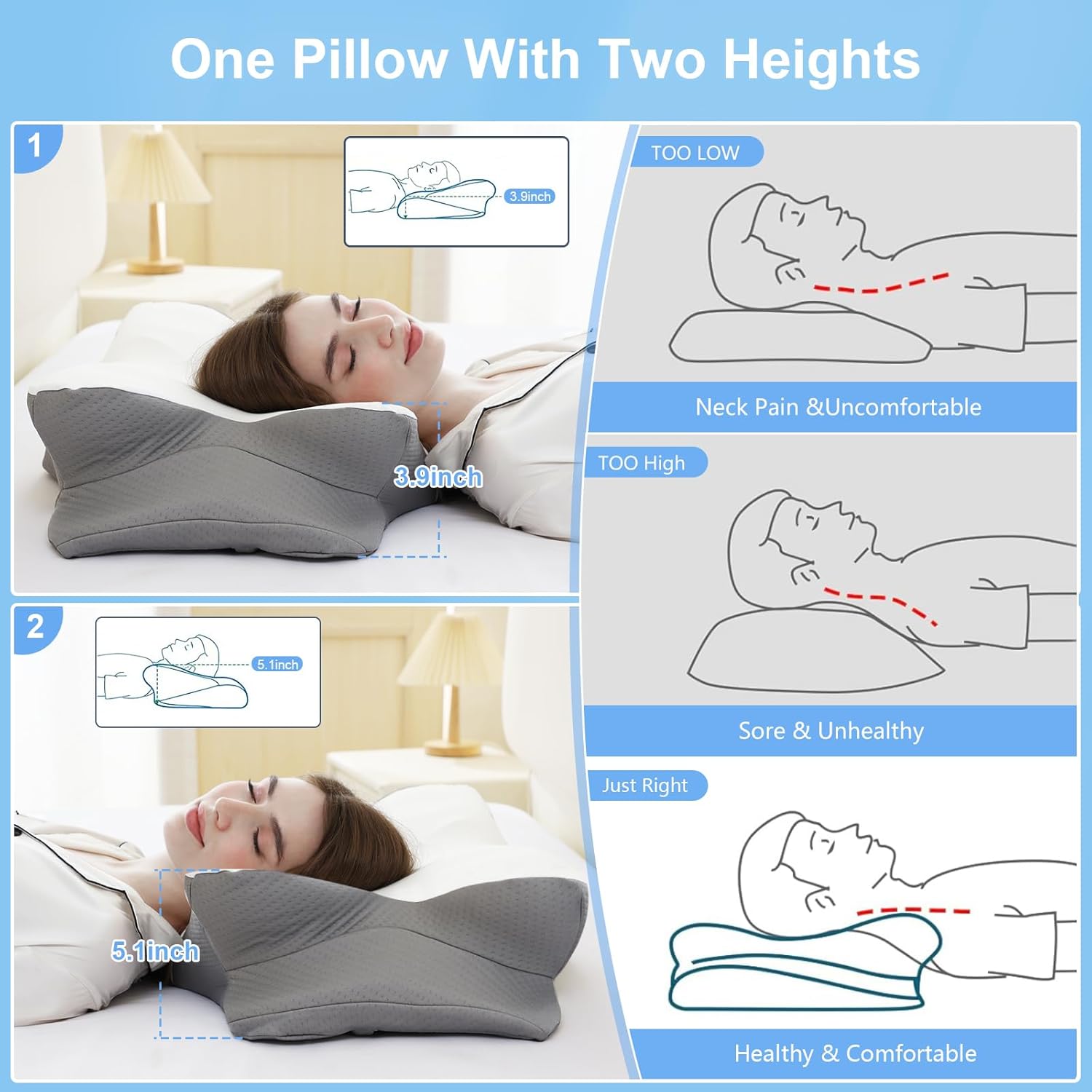 Memory Foam Pillows, Ergonomic Pillow for Neck Pain Relief, Bed Pillow for Sleeping, Cervical Neck Pillow for Side, Back, Stomach Sleeper with Cool Pillowcase, Side Sleeper Pillows for Adults - Image 5