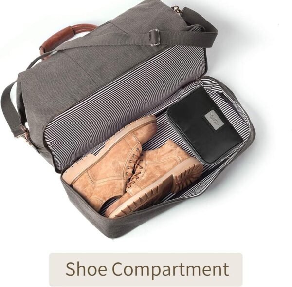 Canvas Travel Tote Luggage Men's Weekender Duffle Bag with Shoe compartment (Grey) - Image 2