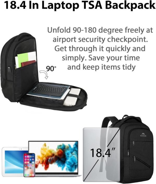 MATEIN Extra Large Business Travel Anti Theft Laptop Backpack, 18 Inch TSA Airline Approved Carryon Backpack for Women Men, Work Bag with USB Port and Luggage Strap, Black - Image 2