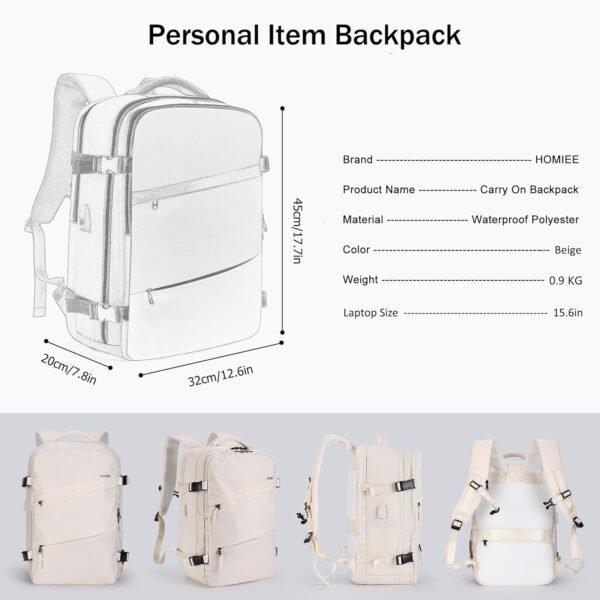 HOMIEE Travel Backpack for Women, Carry On Backpack with USB Charging Port, TSA Approved Personal Item Bag Spirit Airlines, 15.6 Inch Laptop Backpack for Colllege Work, Beige - Image 8