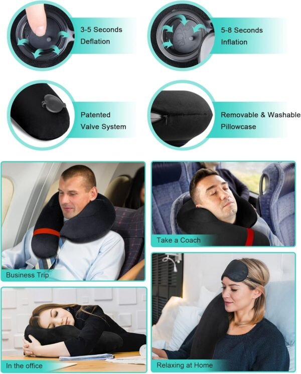 Neck Pillow for Travel, Inflatable Travel Neck Pillows for Airplanes, Travel Pillow for Sleeping Airplane-Avoid Neck&Shoulder Pain,Support Head and Neck, for Airplane,Train,Office,Home (Black) - Image 5