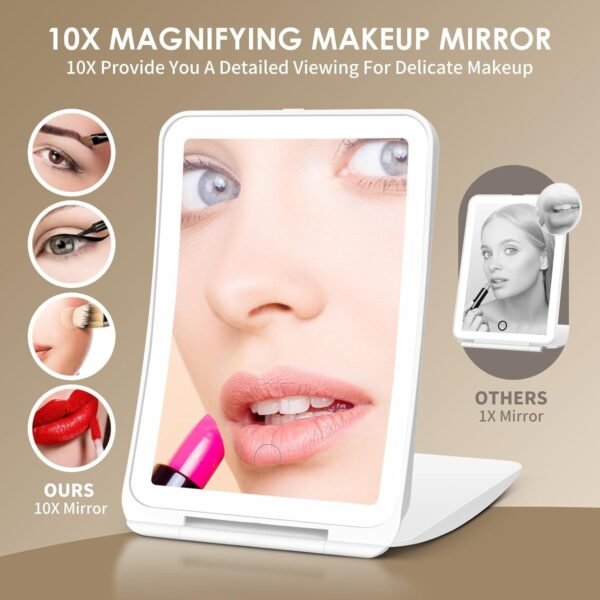 10X Magnification Rechargeable Makeup Mirror for Travel, Makeup Mirror with 80 LED Lights, 3 Color Lighting, Dimmable Touch Screen,Portable Vanity Mirror, Travel Essentials - Image 4