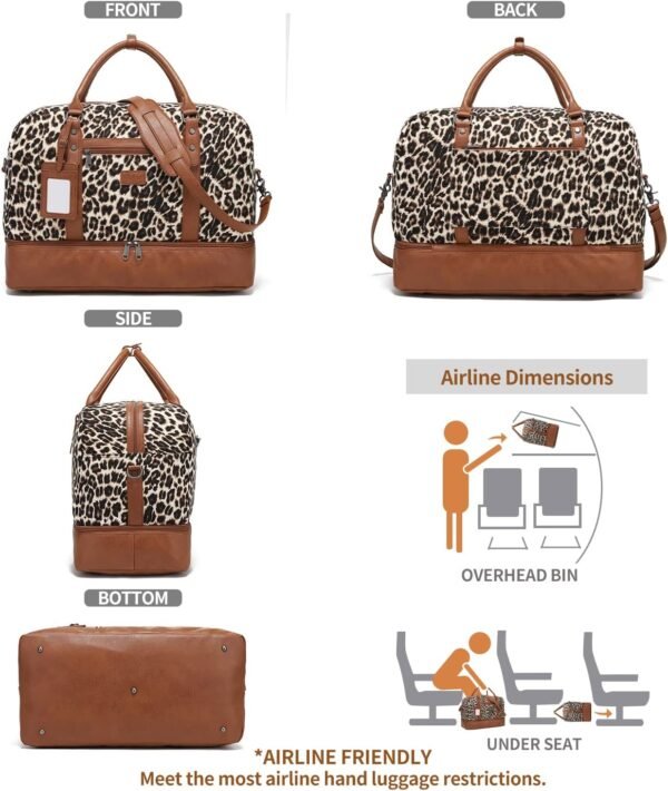 Wogarl Weekender Bags for Women Large Overnight Bag Weekend Travel Duffel Bag Carry on Shoulder with Shoe Compartment Canvas Toiletry Bag Tote with Trolley Sleeve for Travel Business Gym,Leopard - Image 7