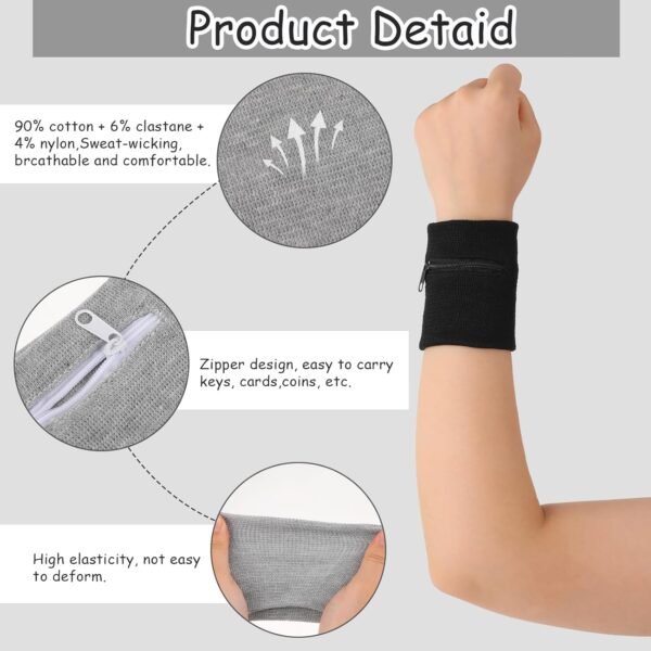 4Pcs Wrist Sweat Bands for Men Wrist Pouch Wallet with Zipper Wristband Pocket Sports Absorb Sweat Wristbands for Women Running Hiking Workout, Key Holder for Gym Sports Running Walking Hiking Travel - Image 3