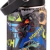 12oz Kids Insulated Water Bottle with Flip Straw & Big Handle, Monster Truck, Double Wall 18/8 Stainless Steel, Leakproof Gift for Kids Boys to School Travel Sports, Hands Wash Only, Black