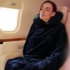 Travel Blanket and Pillow Set - Portable Inflatable Travel Neck Pillow and Premium Soft Airplane Blanket with Built-in Soft Bag, Neck Snaps, Zippered Pouch,and Hand Luggage Strap,70" x 40" (Navy Blue) - Image 6