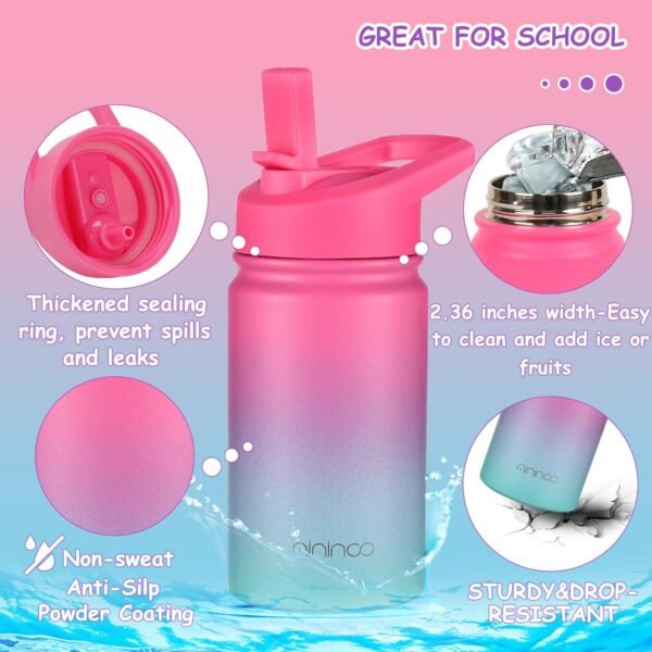 Mininoo Insulated Kids Water Bottle, 12 oz Stainless Steel Water Bottle Kids with Straw Lid and Chug Lid for Girls, Boys (Punch/Green) - Image 5