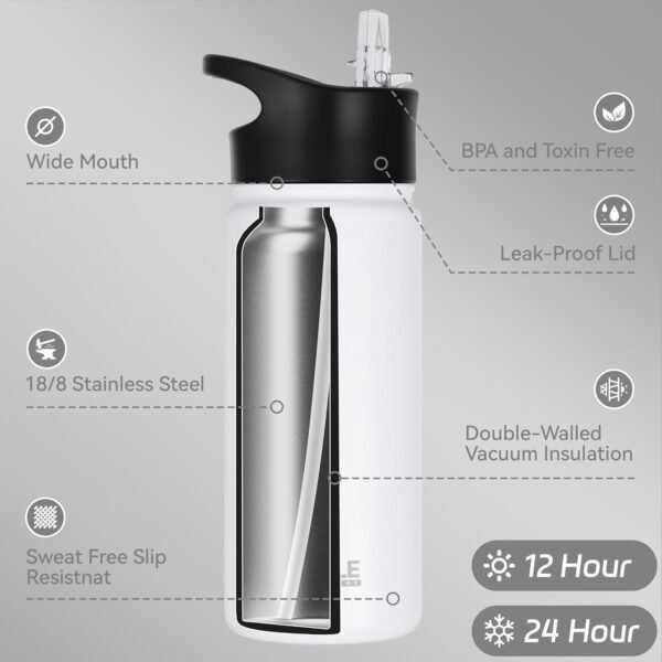HASLE OUTFITTERS Insulated Water Bottle Kids 16 oz Double Wall Vacuum Stainless Steel Water Bottle Leak Proof for School Wide Mouth with Straw Lid & Spout Lid Keeps Cold and Hot(White,1pack) - Image 2