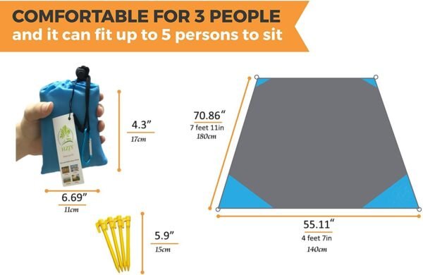 Outdoor Blanket (71" x 55") -Compact, Lightweight, Sand Proof Pocket Blanket Best Mat for The Beach, Hiking, Travel, Camping, Festivals with Pockets, Loops, Stakes, Carabiner - Image 3