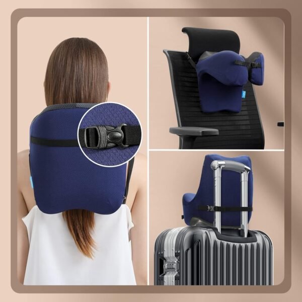 TripGood Neck Pillow for Travel - Extra Upper Back Support - Back Buckle Strap - Large(16.7" Neck Circumference) - Memory Foam - Blue - Image 6
