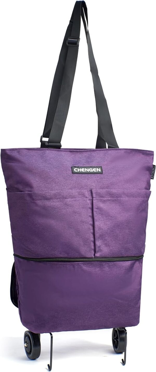 Upgrade Shopping Bag with Wheels Carry on Luggage Bag Reusable Shopping Bags Travel Bags Portable Trolley Bags- Larger Size & Waterproof & Strong(Purple) - Image 2