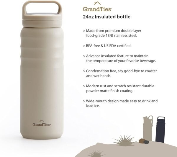 GRANDTIES 2 Lids Sports Stainless Steel Water Bottles – Wide Mouth Vacuum Insulated Reusable Leak Proof BPA-Free Travel Metal Canteen, Thermos Bottles for Men Women Gym (24 oz Ivory White) - Image 2