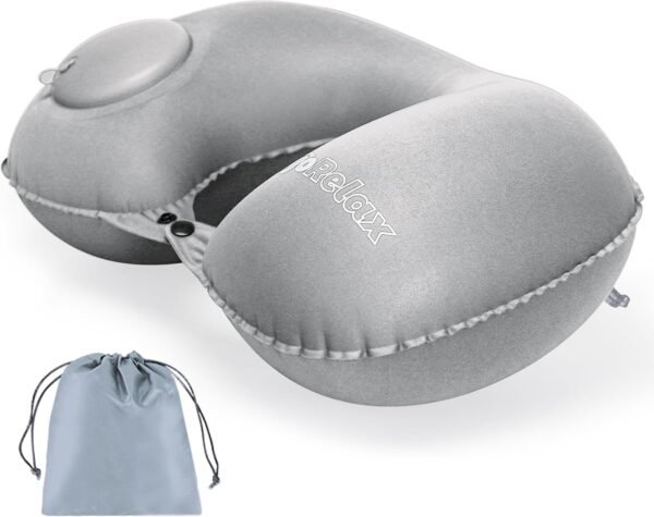 Inflatable Travel Pillow, Neck Pillow for Traveling Airplanes Train Car Office, Portable U-Shaped Blow Up Neck Support Pillow (Grey)