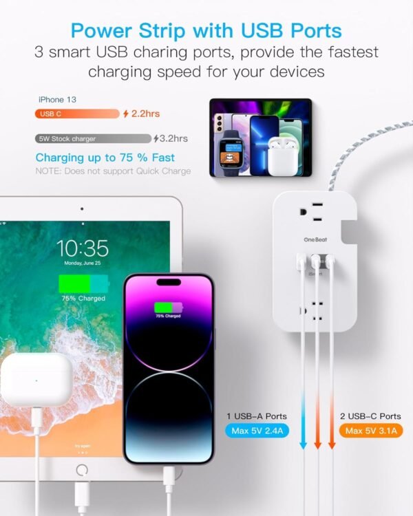 Travel Essentials, Cruise Ship Power Strip with USB Ports, 2 Outlets 3 USB (2 USB C) Wrapped Short Extension Cord 12 inches Desktop Charging Station Power Strip for Travel Hotel Cruise Must Haves - Image 5