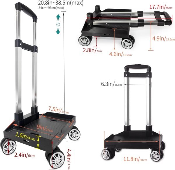 Backpack Trolley Wheeled Cart, Foldable Aluminium Alloy Hand Truck with Edge Guard Base, 4 Spinner Wheels, Luggage Cart with Luggage Strap for Teenagers, Adults, School,Luggage Trolley for Travel - Image 3