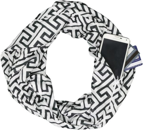 Shop Infinity Scarf with Zipper Pocket - Travel Scarf with Hidden Pockets for Women - Greek Key Pattern Scarves