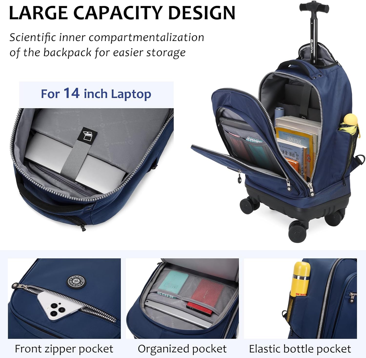 Rolling Backpack with Detachable Wheels 18 inch Wheeled Laptop Backpack Carry on Luggage Bag for Women Men to Travel - Image 2