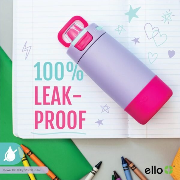 Ello Kids Colby 12oz Stainless Steel Insulated Water Bottle with Straw and Built-In Silicone Coaster Carrying Handle and Leak-Proof Locking Lid for School Backpack, Lunchbox, and Outdoor Sports - Image 6