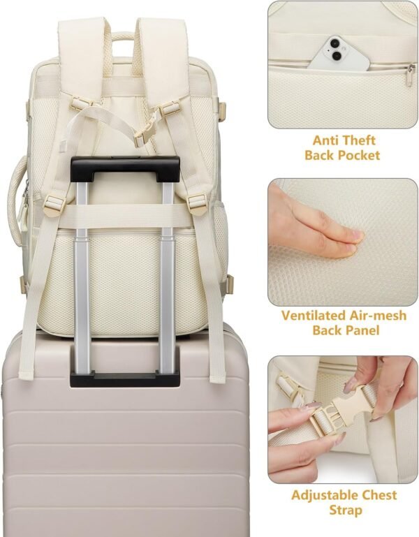 Travel Backpack for Women, Flight Approved Carry On Backpack with Shoe Pouch, TSA Personal Item Travel Bag Large Luggage Backpack Fits 17 Inch Laptop for Weekender Overnight, Beige - Image 6