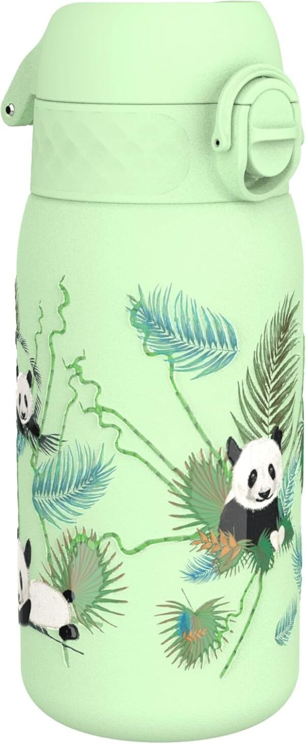 Ion8 Kids Water Bottle, Steel 400 ml/13 oz, Leak Proof, Easy to Open, Secure Lock, Dishwasher Safe, Flip Cover, Carry Handle, Easy Clean, Durable, Metal Water Bottle, Raised Print, Pandas Design