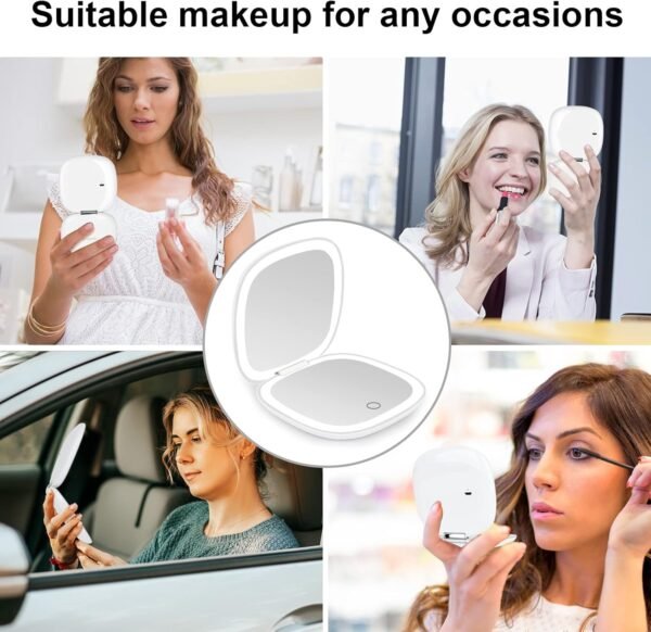 deweisn Compact Mirror, Lighted Travel Makeup Mirror with 1X/10X Magnifying Double Sided Dimmable Portable Pocket for Handbag and Pocket, USB Charging(White) - Image 7