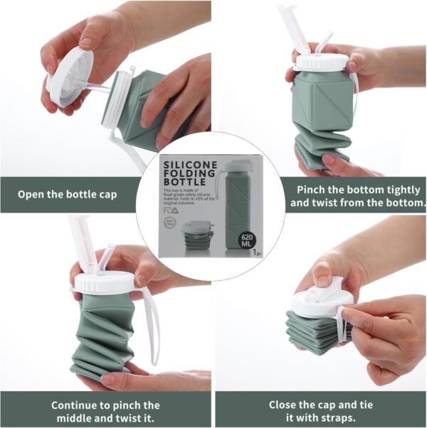 Collapsible Water Bottle, Food Grade BPA Free Silicone Water Bottle, 21oz Folding Travel Water Bottle with Straw Leakproof for Sports,Office, Gym, Hiking, Mountaineering, Travel (Green) - Image 2