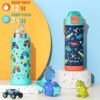 Fimibuke Kids Insulated Water Bottle with Pop-Open Straw & Spout 2-in-1 Lid, 18oz Leak Proof 18/8 Stainless Steel Vacuum Tumbler, BPA-Free Kids Cup For Travel School Boys Girls Toddler 1Pack, Dinosaur - Image 4
