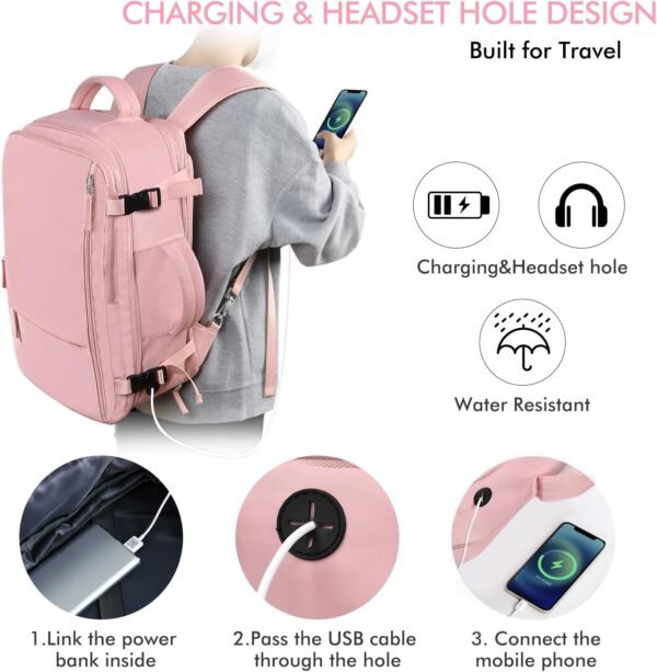 Beraliy Large Travel Backpack for Women, Personal Item Bag Airline Approved, Carry On Luggage, 17.3 inch Laptop Backpack, Waterproof Backpack,Hiking Backpack, Pink - Image 4