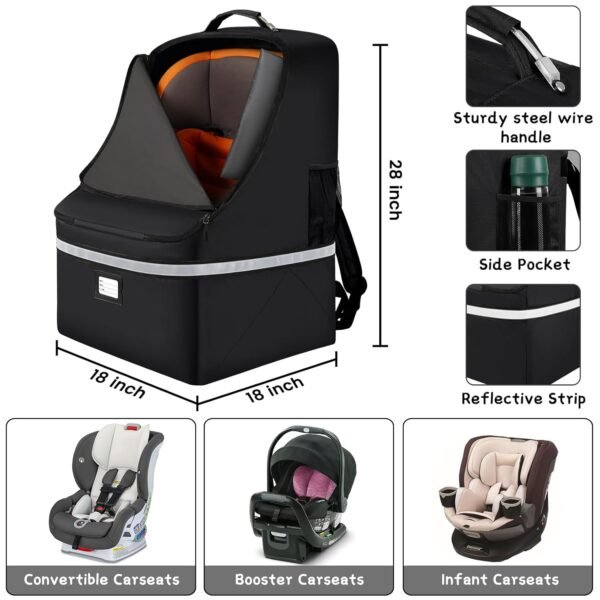 Car Seat Travel Bag,Padded Car Seats Backpack with Steel Cable Handle and Reflective Stripes, Large Durable Carseat Carrier Bag,Airport Gate Check Bag,Infant Seat Travel Bag with Shoulder Strap,Black - Image 2