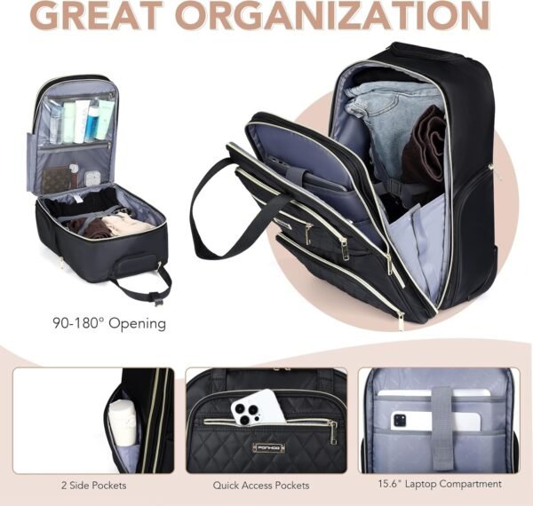 Rolling Backpack for Women - Travel Backpack with Wheels, 15.6 Inch Laptop Wheeled Backpack, Carry on Trolley Suitcase Black Computer Bag for Adults Business College Work Overnight - Image 3
