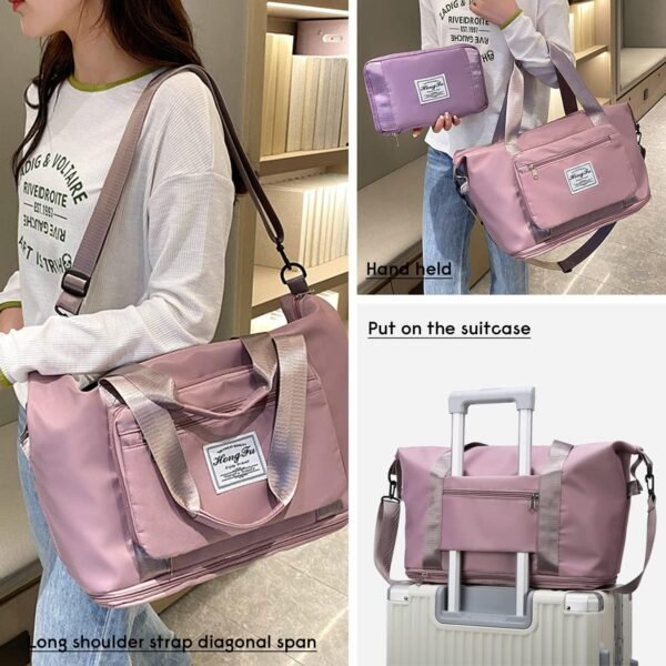 Foldable Travel Duffel Bag,Weekender Bags for Women,Expandable Travel Gym Duffel Bag with Trolley Sleeve Wet Pocket,Carry On Tote Overnight Bags for Women,Travel Bag Tote with Shoulder Strap - Image 4