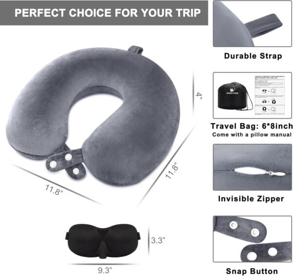 2 Pack Travel Pillow for Airplane, Memory Foam Neck Pillows Travel Essentials with Eye Mask Earplugs and Storage Bag for Travelling, Plane, Sleeping, Car, Train and Home Use, Grey - Image 4