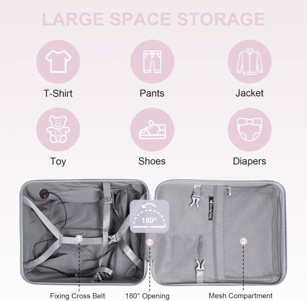 Ride on Suitcase Carry On luggage with Seat for Kids - Detachable Trolley Suitcase with Brake - Rolling Kids Travel Luggage With Kids Seat for Airplane - Rideable Suitcase with TSA Lock - Pink - Image 5