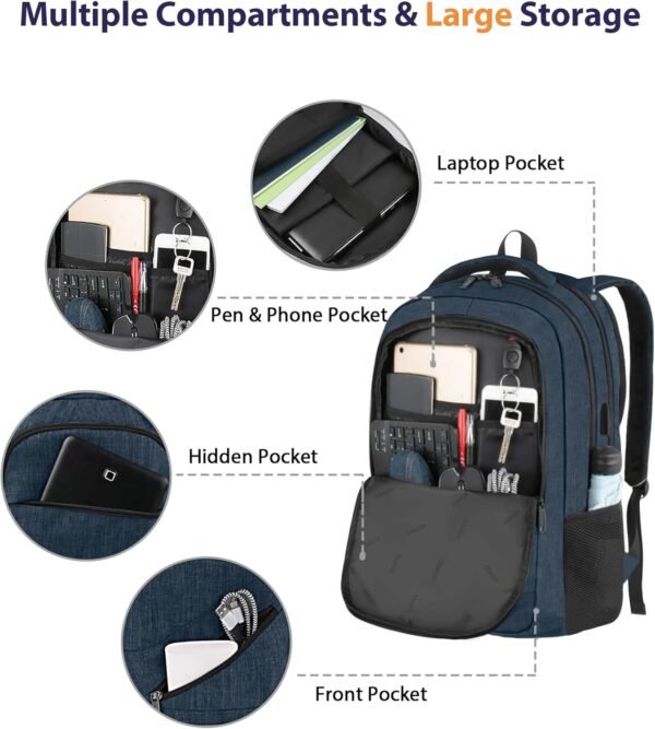 MATEIN 17 inch Laptop Backpack, Large Travel Backpack Carry On Flight Approved with Trolley Sleeve, Computer Work Bag with USB Charging Port, Water Resistant Backpack for College, Dark Blue - Image 6