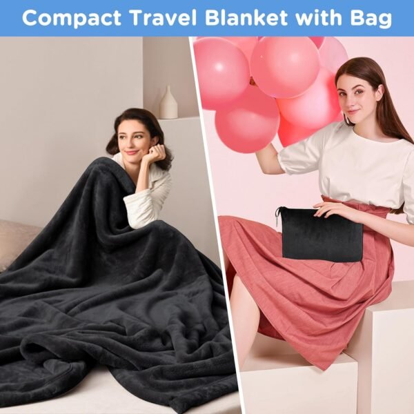 ATsense Travel Blanket Pillow, Premium 2 in 1 Soft Airplane Blanket Compact with Bag Pillowcase, Hand Luggage Sleeve and Backpack Clip - Travel Essentials for Long Trips, Flying and Car, Black - Image 2