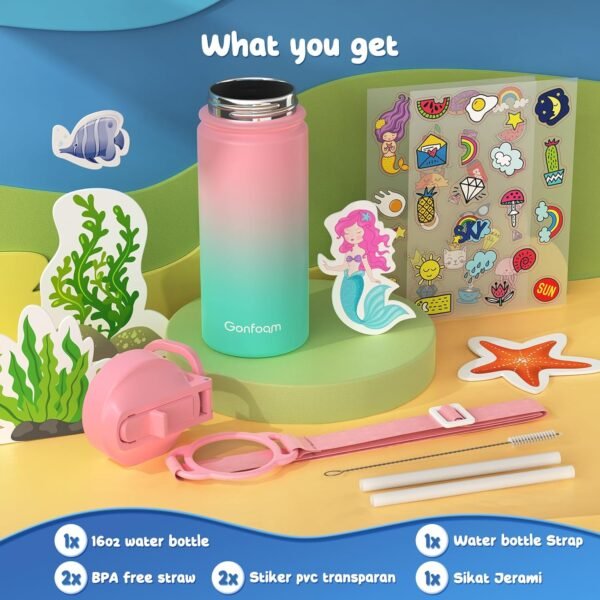 Kids Water Bottle, 16oz Kids Water Bottle with Stickers for School, insulated Stainless Steel Straw Cup, Gifts for Boys(Pink/Green) - Image 3