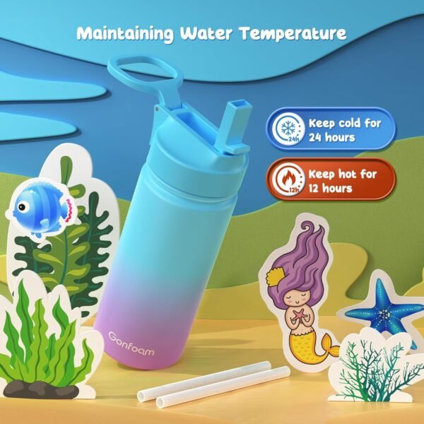 Kids Water Bottle, 2-Pack 16oz Kids Water Bottle with Stickers for School, insulated Stainless Steel Straw Cup(Gray+Blue) - Image 3